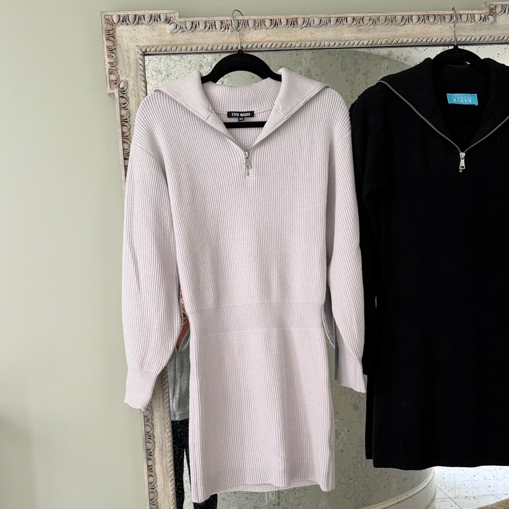 Ribbed Zip-Neck Sweater Dress in Light Pink -